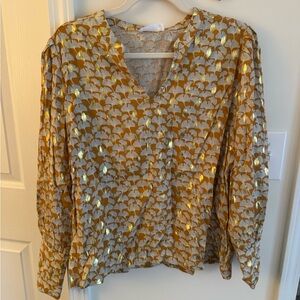 Avara gold, mustard, and blue ginko leaf blouse